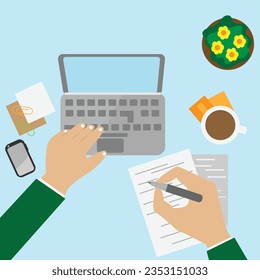 human hands using computer and writing on paper isolated on blue background. workplace with coffee, smartphone and laptop with hands on the keyboard.Vector illustration