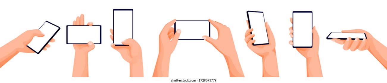 Human hands using and holding smartphones. Touch screen mobile phone with blank display. Mock up, app interface design elements isolated on white background. Vector modern device illustration