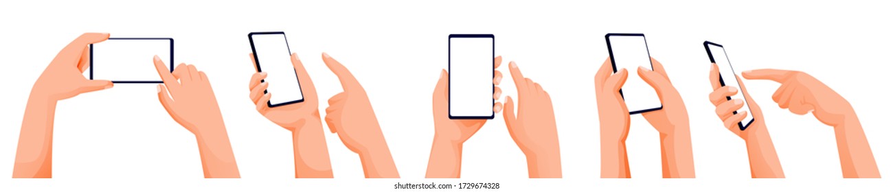 Human hands using and holding smartphones. Vector flat cartoon illustration. Touch screen mobile phone with blank display. App interface presentation design elements isolated on white background.