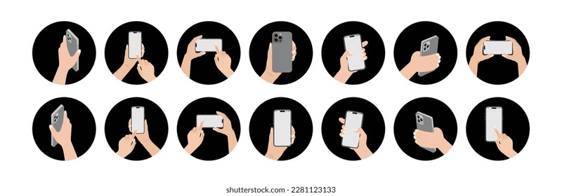 Human hands using and holding smartphones. Vector flat cartoon illustration. Touch screen mobile phone with a blank display. Hand holding and touching a smartphone. Vector.