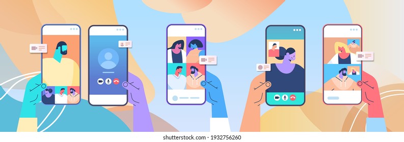 human hands using mobile app for virtual conference meeting friends discussing during video call on smartphone screens horizontal vector illustration