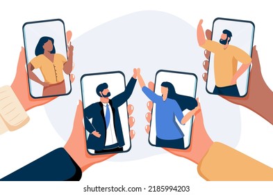 manos humanas usando la aplicación móvil para una conferencia virtual de amigos que discuten durante una videollamada en pantallas de smartphone ilustraciones vectoriales horizontales. Banner vectorial de botón de seminario web en vivo. Transmisión