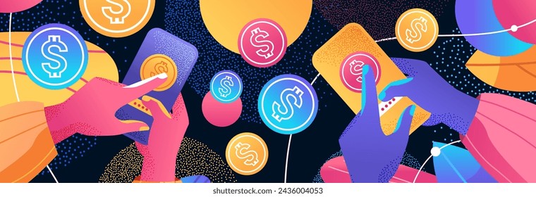 human hands using mobile app with dollar coins financial banking wealth transformation technology fintech business investment