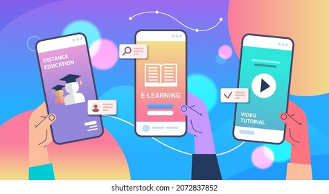 human hands using mobile educational apps on smartphone screens online education e-learning concept