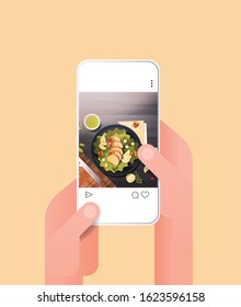 human hands using online mobile app fresh salad prepared dish for blog on smartphone screen food blogging social media network concept food hunter review vertical vector illustration