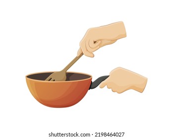 Human hands using saucepan and spatula for cooking. Steel pot and wooden spatula kitchen utensils. Hands preparing food cartoon vector