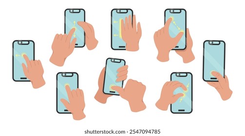 Mãos humanas usando smartphone, clicando em tela mostrando diferentes zoom touchscreen, toque, deslize gestos conjunto isolado. Tela vazia do dispositivo do telefone celular na ilustração do vetor dos braços da pessoa