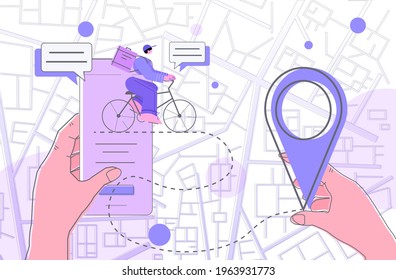 human hands using smartphone courier on bicycle delivering food or parcel online delivery service concept