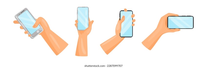Human Hands Using Smartphone Holding Gadget with Touchscreen Vector Set