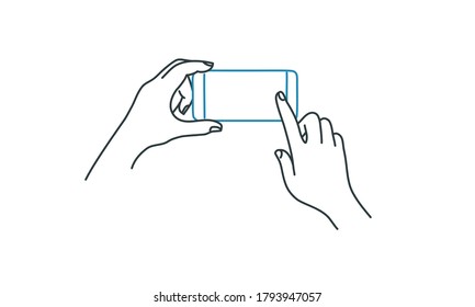 Las manos humanas están usando un smartphone. Ilustración vectorial de dibujo de línea.