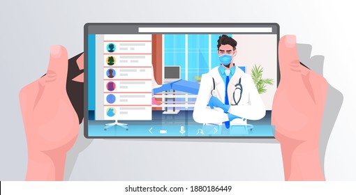 human hands using tablet with male dotor on screen online consultation covid-19 pandemic concept hospital ward interior portrait horizontal vector illustration