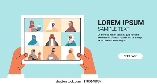 human hands using tablet pc chatting with arabic friends during video call arab people having virtual live conference communication concept horizontal copy space vector illustration