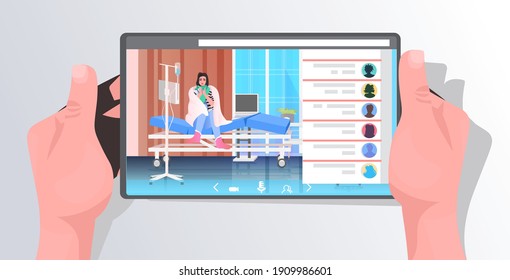 Human Hands Using Tablet With Sick Woman Patient On Screen Covid-19 Pandemic Concept Hospital Ward Interior Full Length Horizontal Vector Illustration