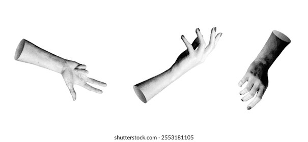 human hands in various expressive poses isolated on white background. Halftone dotted retro style vector