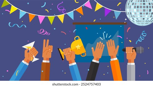 Human hands with various objects against backdrop of festive interior. People crowd rejoice, congratulate for success job. Happy colleagues celebrating success. Business team cheering and ovation