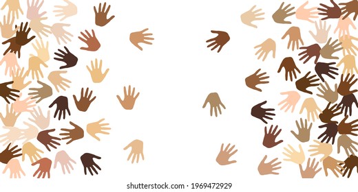 Human hands of various skin tone silhouettes. Elections concept. Cosmopolite company palm signs design. Skin tone identity background.