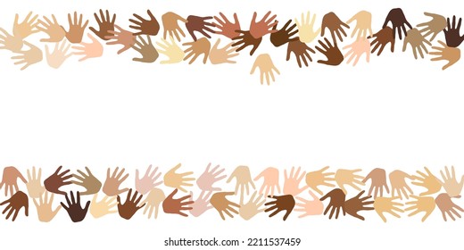 Human hands of various skin tone vector illustration. Elections concept. Multinational community palm signs isolated. Skin tone identity vector.