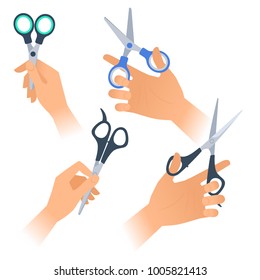 Human hands with various steel scissors with plastic handles. Flat illustration of school, office, hairdressing supplies and accessories. Vector infographic elements isolated on white background.