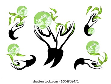 human hands. vector collection of human hands and green growing plants