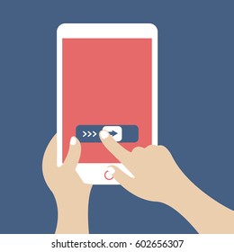 human hands vector holding a modern cell phone & clean Finger press or slide on a slider open isolated at the screen of the tablet mobile illustration on flat design style