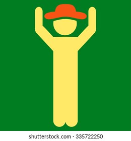 Human Hands Up vector icon. Style is bicolor flat symbol, orange and yellow colors, rounded angles, green background.