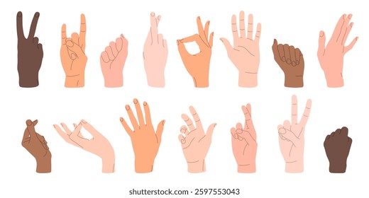 Human hands. Vector illustrations in flat style of different gestures. Cartoon hand-drawn design elements isolated on white background.  Hands in various positions