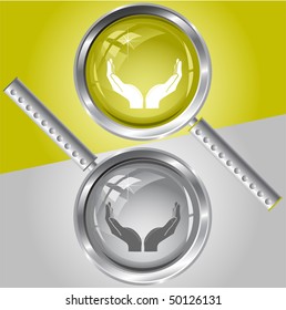 Manos humanas. Vidrio de aumento vectorial.