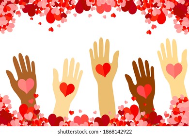 las manos humanas son voluntarias con los corazones aislados en el fondo blanco.