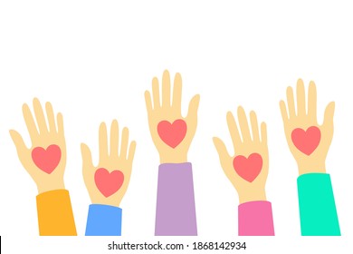 human hands volunteer with hearts isolate on white background.