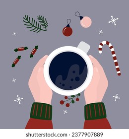 Human hands warm up in hot morning coffee mug. Tea cup. Top view. Coffee break. Winter time. christmas banner. Cartoon Xmas and new year card or poster. flat vector illustration