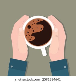 Human hands warming and holds cup of coffee with foam. hot morning coffee mug. Top view. Time to coffee break. Closeup flat vector illustration