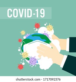 Human hands wash for disinfection prevention and hygiene. earth for health concept 