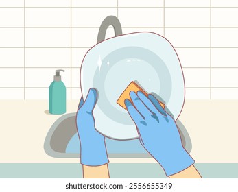 Human hands washing dishes with sponge and soap. Cleanliness and hygiene, rubber protective gloves, clean sparkling plate, housekeeping activity. Kitchen chores cartoon flat vector concept