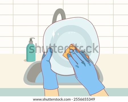 Human hands washing dishes with sponge and soap. Cleanliness and hygiene, rubber protective gloves, clean sparkling plate, housekeeping activity. Kitchen chores cartoon flat vector concept