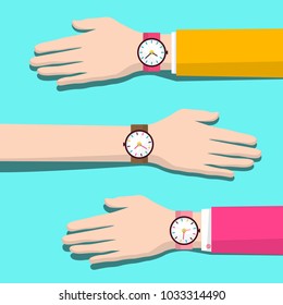 Human Hands with Watches. Vector Flat Design Illustration