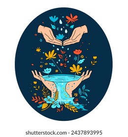 Human hands and water. Water day. Ecological use of resources. Printing on textiles, blank for designers, logo, icon