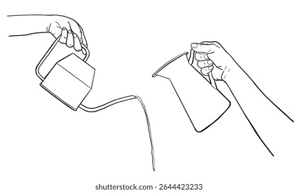 Mãos humanas regando plantas de casa com água pode. Conceito de cuidados com a planta, casa, jardinagem, cultivo de plantas. Ilustração de linha de vetor desenhada à mão com conceito de jardinagem caseira