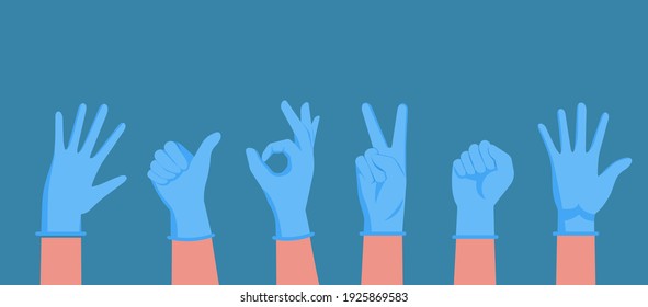 human hands wearing medical protective blue rubber gloves to protect against viruses and bacteria, flat vector illustration