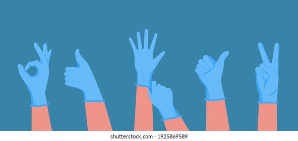 mano humana con guantes de goma azul protectores médicos para proteger contra virus y bacterias concepto, ilustración vectorial plana