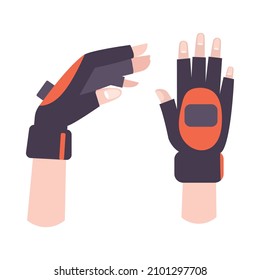 Human hands wearing wireless vr gloves flat isolated vector illustration