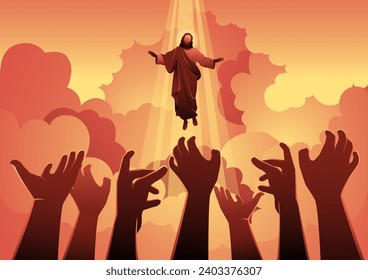 Human hands were reaching out to touch Jesus in the open sky. Biblical series