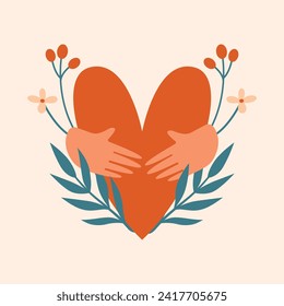 Human hands which hugging big red heart with plants, leaves, flowers, berries. Abstract cartoon cute vector clip art for Valentine's Day, National Hugging Day. Love, humanism, support concept.