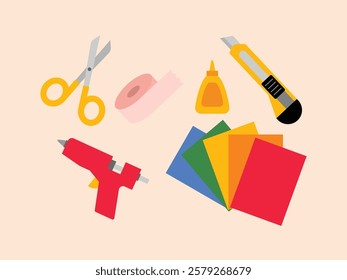 Human hands will make some crafts with color origami paper, he uses tools such as origami paper, scissors, glue, cutter, hot glue and tape.
design, illustration, vector