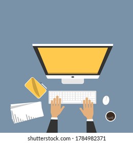 Human hands working on a computer. Financial report or estimate.