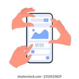 Human hands working on layout mobile application. UI UX design. Vector flat illustration isolated on white background.