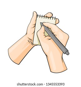 Human hands writing, note in notebook, pen in the hand, vector hand drawn sketch illustration of hands