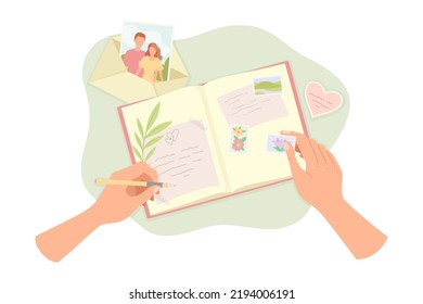 Human Hands Writing Notes and Sticking Pictures in Notepad or Diary with Pencil Vector Illustration