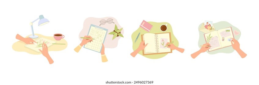 Human Hands Writing on Paper in Notepad and Diary Vector Illustration Set