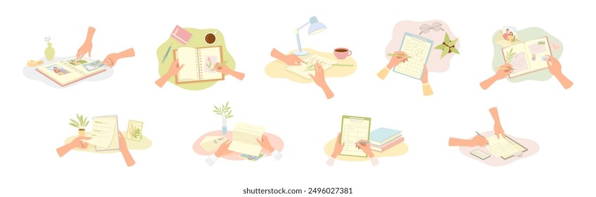 Human Hands Writing on Paper in Notepad and Diary Vector Illustration Set