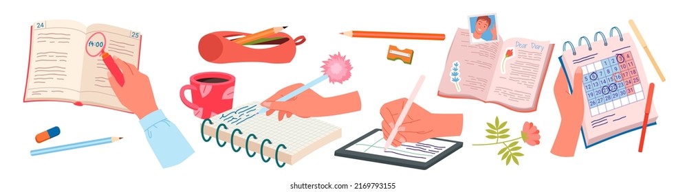 Human hands writing in open diary and notepad, work with notes set vector illustration. Cartoon people holding pen, pencil to write on paper sheet, working with graphic tablet isolated on white